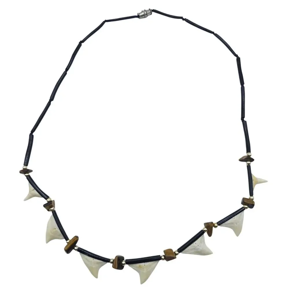 Vintage Shark Tooth Black Coral Tigers Eye Beaded Necklace 19